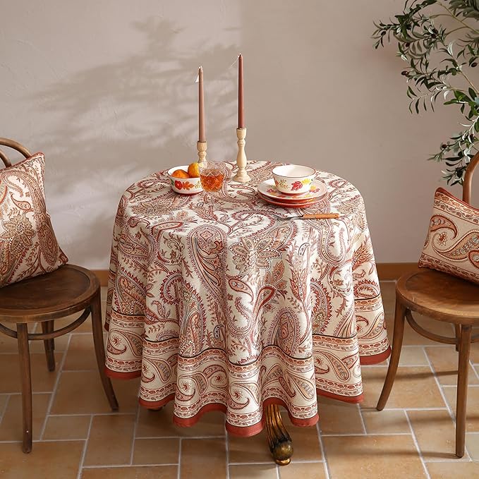 ISAENNE Designer French Red Round Square Tablecloth,Linen Table Cloth with Cashew Pattern,Stain Proof Decor Tablecloths for Dining Thanksgiving Kitchen Christmas,Diameter 55"-Chauffrey D