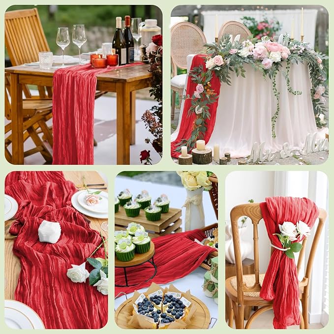 Asee'm 2PCS Fall Table Runner Cheesecloth 10FT Red Boho Gauze Fabric Rustic Sheer Cheese Cloth Runners for Thanksgiving Christmas Wedding Bridal Shower Party