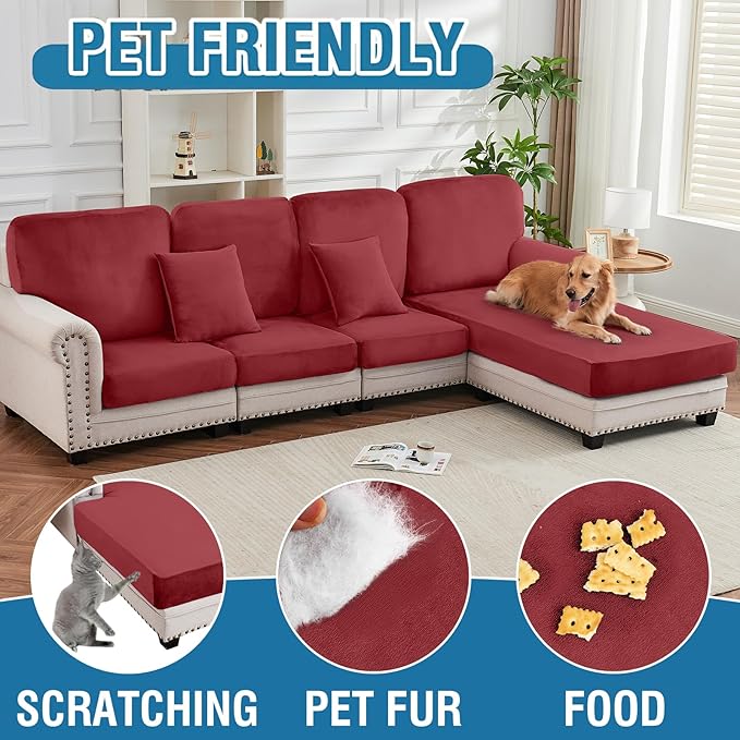 Sofa Slipcovers Stretch Velvet Cushion Covers, 3-Piece in Christmas Red