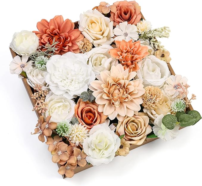 Serra Flora Artificial Flowers Combo Dahlia 34pcs Silk Mix Fake Flowers Roses for DIY Wedding Bouquets Combo Centerpieces Arrangements Party Bridal Baby Shower Home Decorations(White Pink)