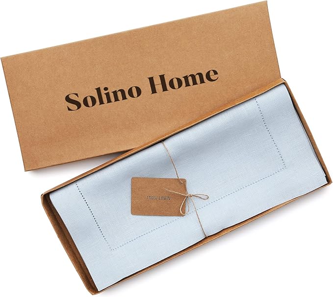 Solino Home Linen Light Blue Table Runner 132 Inches Long - 100% Pure Linen Extra Long Table Runner 14 x 132 Inch - Classic Hemstitch