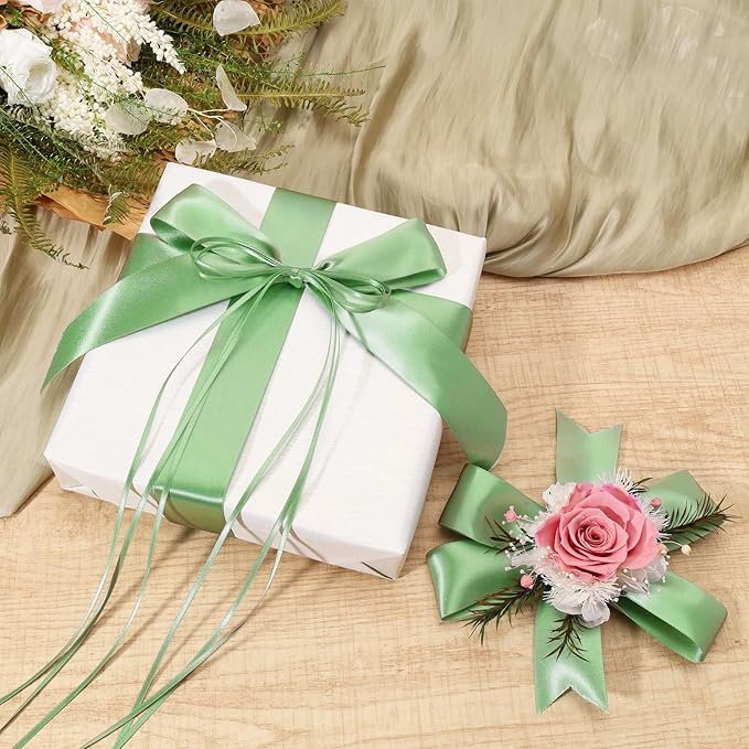 LaRibbons Sage Green Ribbon 1 Inch 25 Yards Luxury Double Faced Green Silk Ribbon for Flower Bouquet Crafts Gift Wrapping Wedding Party Decoration