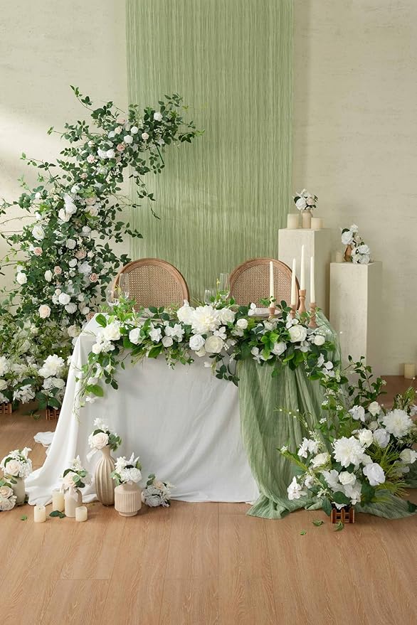Artificial Flower Garland 6 Ft Eucalyptus Table Runner in White and Olive