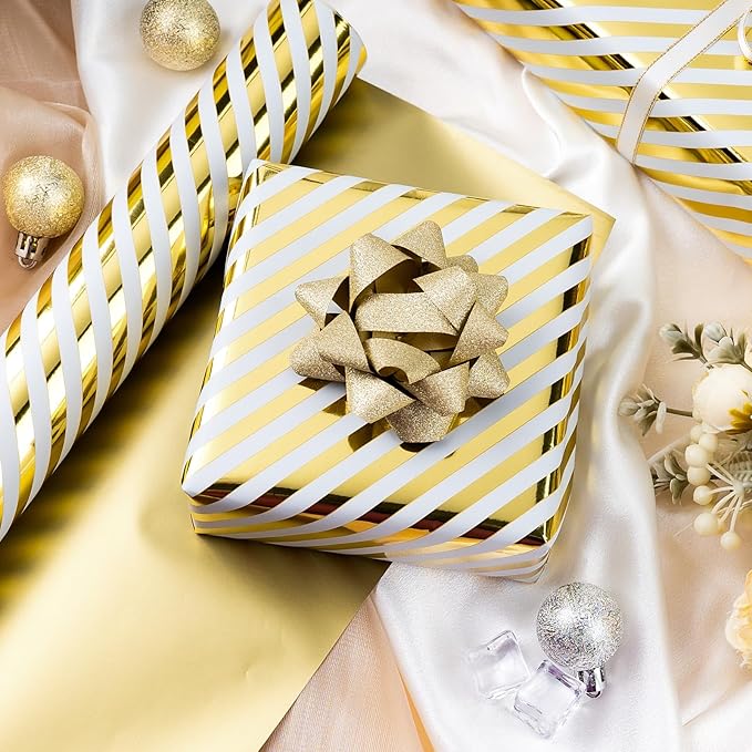 Burymento Platinum Stripe Wrapping Paper, Reversible Gold Gift Wrap for Birthday, Valentines, Mothers day, Graduation, Wedding, Fathers day, Baby Shower, Christmas (17in x 32.8ft)