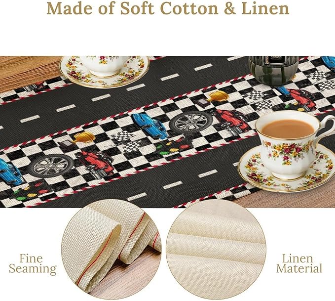 Race Car Table Runner,Checkered Flag Black and White Race Cars Pattern Print Tablecloth Burlap for Hotel Indoors Outdoor Dining Room Kitchen Home Decor,W13X L90 in