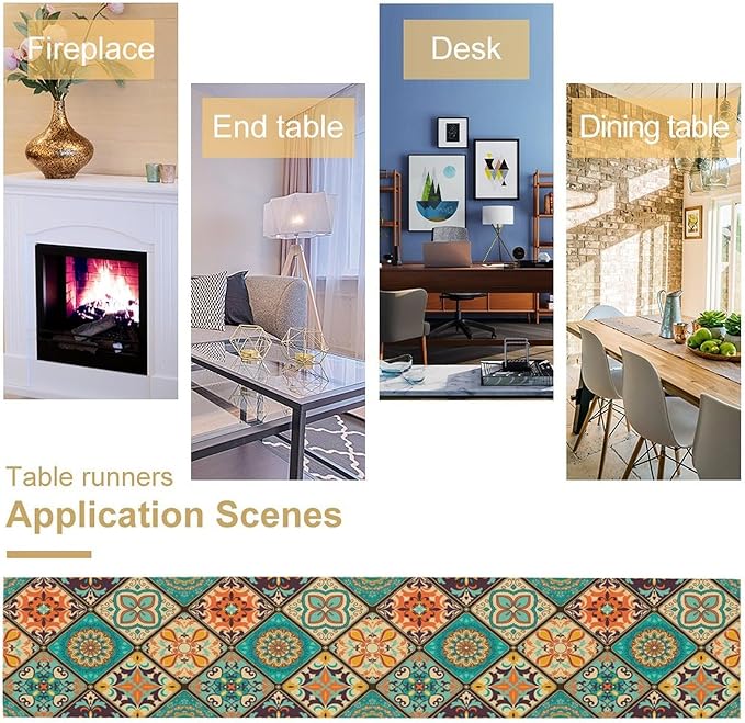 Bohemian Patchwork Table Runnerboho Colorful Tile Patchwork Indian Floral Print Table Runner for Home Kitchen Indoor Outdoor Party Wedding Decor, 13x108inch