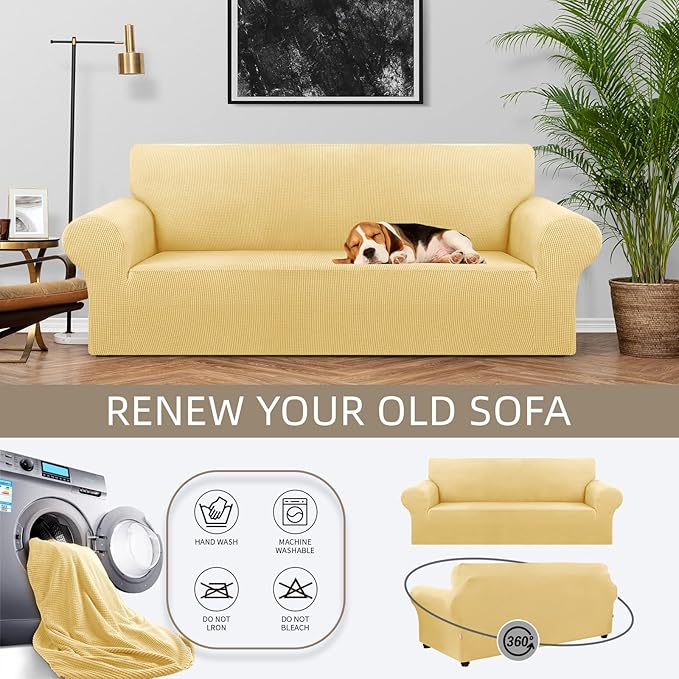 Sofa Slipcover for 3-Cushion Couch, Champagne Stretch, Anti-Slip