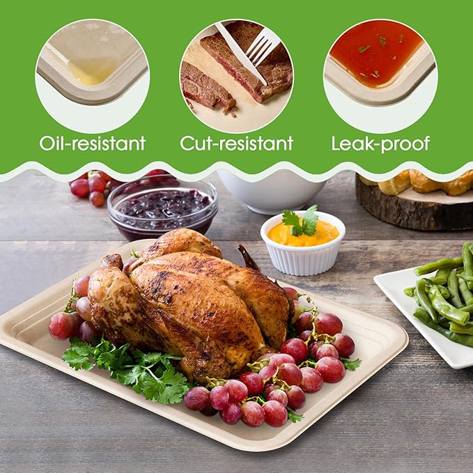 Disposable Compostable Food Trays, 50 Count, 13.8 x 9.8 Inch Rectangular