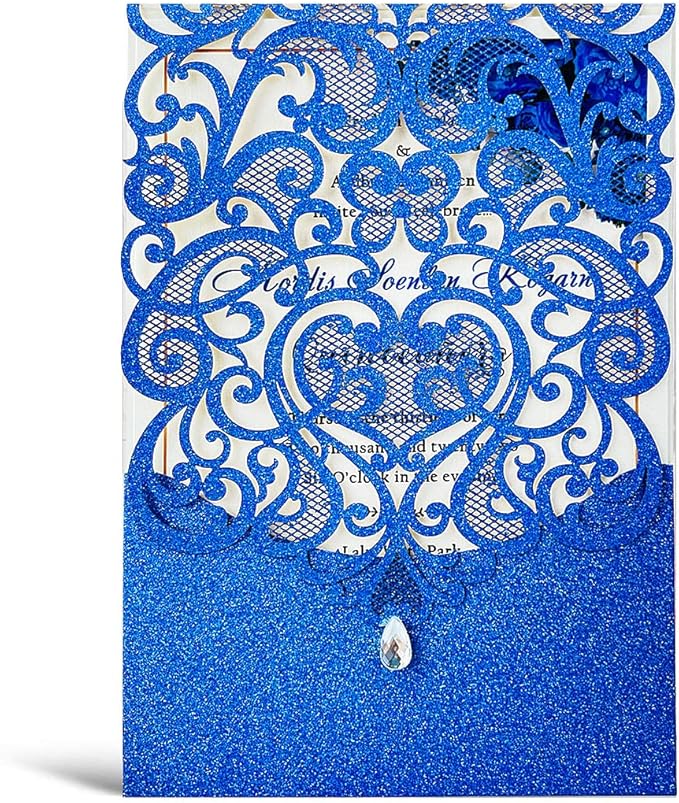 Hosmsua 50pcs Personalized Wedding Invitation Kit 5.12 x 7.3 Inch Royal Blue Laser Cut Flora Rehearsal Wedding Invitations with Envelopes for Quinceañera Bridal Shower Invite