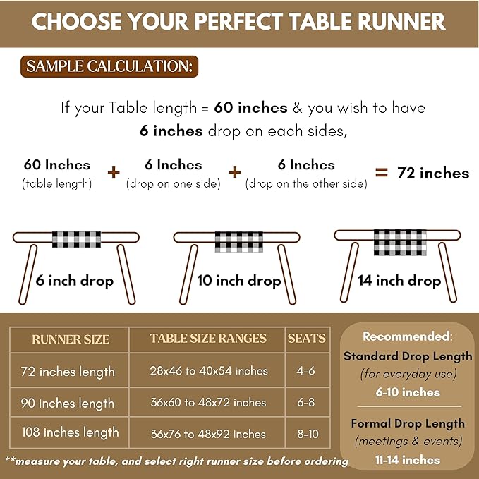 Native Fab Buffalo Check Table Runner 100% Cotton - 13x72 Inches Plaid Dining Table Decoration for Indoor Outdoor Farmhouse Home Party Decor - Beige and White