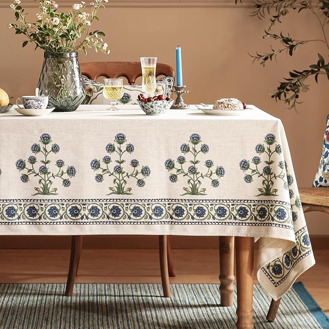 patdrea Designer Vintage Blue Rectangle Extra Long Tablecloth,Leaves Pattern Breathable Floral Table Cloth,French Table Cover for Kitchen Dining Christmas,Thanksgiving,Party,67"x118"-Ivar B
