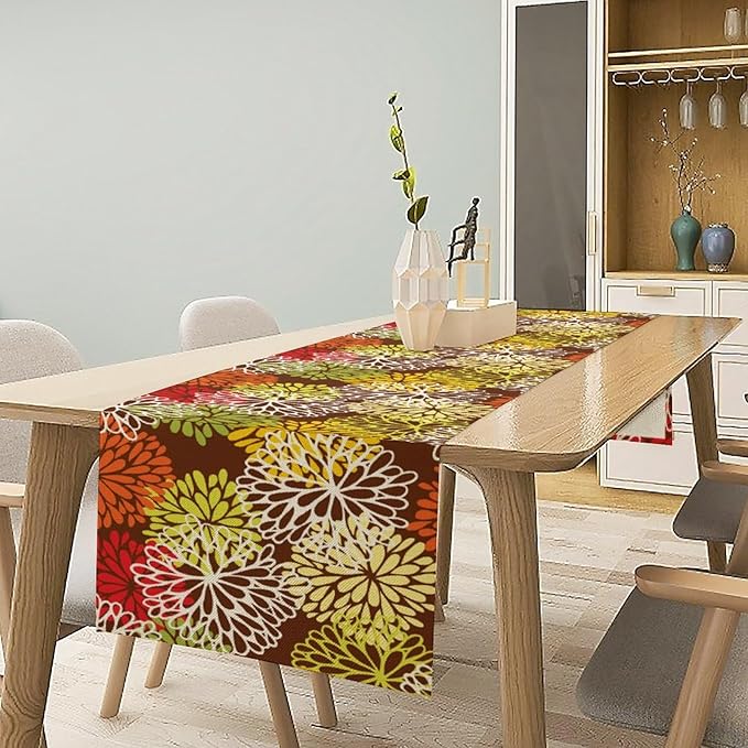 Brown Dahlia Floral Table Runner, Seasonal Autumn Thanksgiving Pattern Print for Home Kitchen Table Decor Dining Coffee Room Party Decor 13x70 Inch