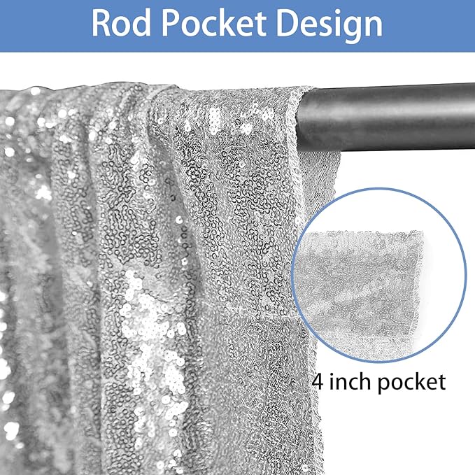Sequin Backdrop Curtain, Silver Glitter Backdrop, 2ft x 8ft, Pack of 4