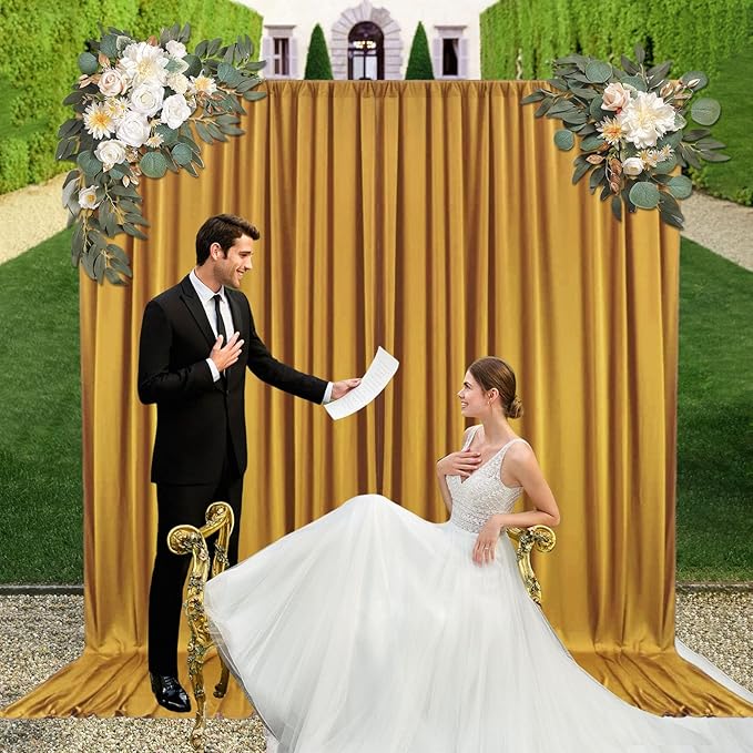 10ft x 10ft Gold Backdrop Curtains for Parties, Fabric Satin Background Curtain with Rod Pockets for Weddings, Birthday, Baby Shower, Photography, Graduation Party Backdrop Drapes, 2 Panels
