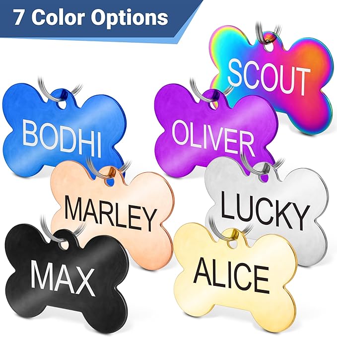 GoTags Stainless Steel Pet ID Tags, Personalized Dog Tags and Cat Tags, up to 8 Lines of Custom Text, Engraved on Both Sides, in Bone, Round, Heart, Bowtie and More (Round, Regular (Pack of 1))