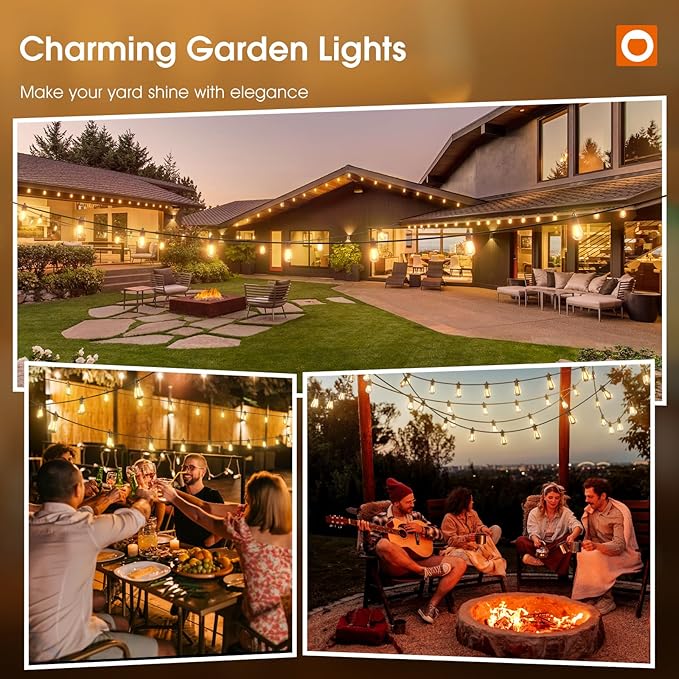 String Lights, 72 ft Outdoor Edison Bulb Set in Black, Warm White