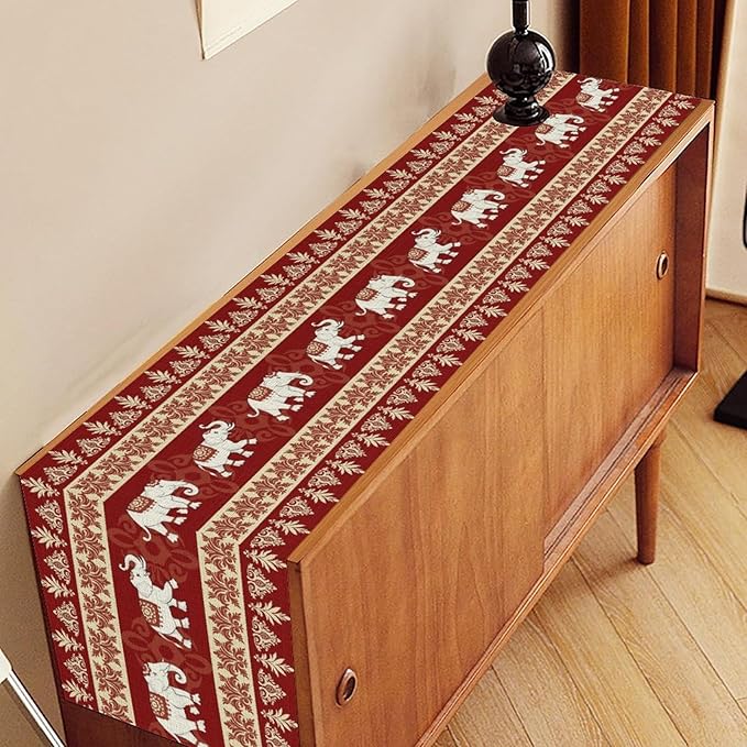 Boho Elephant Table Runner, Vintage Tribal Traditional African Animals Ethnic Folk Red Table Center Decor for Home Kitchen Dining Patio Holiday Party Indoor Outdoor Table Decorations, 13"x72" Inch
