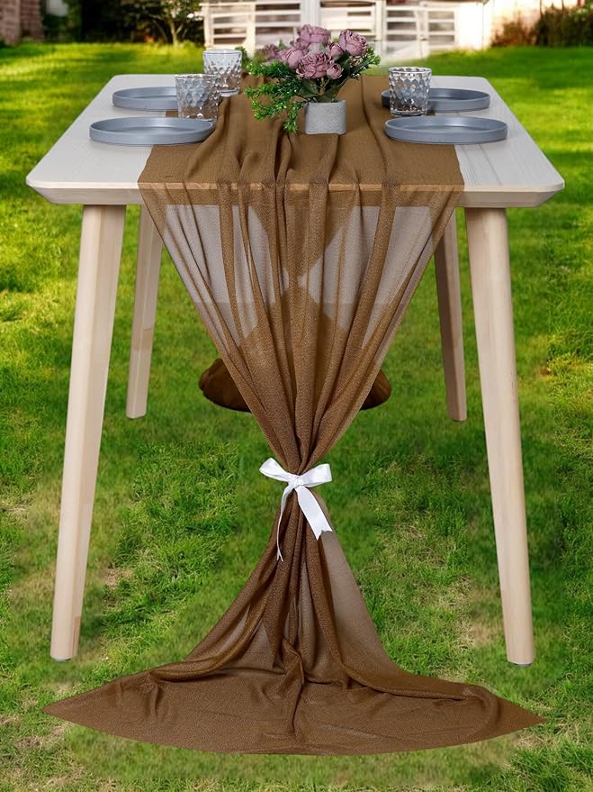 MDS 15 Pack 10ft Chiffon Table Runner 29 x 120 Inches Sheer Wedding Runner Romantic Rustic Table Runner for Wedding Decorations, Birthday Parties, Bridal Shower Party Arch Decor - Mocha
