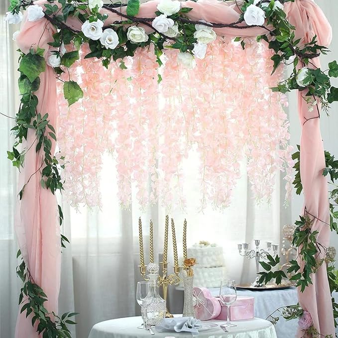 12 Pack Light Pink Wisteria Hanging Flowers Garland with Lights, 3.44 Feet Artificial Flower Vines, Fake Wisteria, Artificial Vines Hanging Garland for Backdrop Outdoor Patio Garden Decor