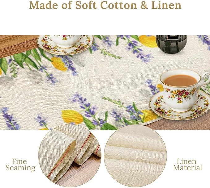 Floral Tulip Lavender Table Runner, Spring Watercolor Flower Plants Nature Butterfly Table Runner for Kitchen Dinner Living Room Home Party, 13x36 Inch