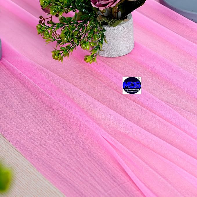 MDS 5 Pack 10ft Chiffon Table Runner 29 x 120 Inches Sheer Wedding Runner Romantic Rustic Table Runner for Wedding Decorations, Birthday Parties, Bridal Shower Party Arch Decor - Bubblegum Pink