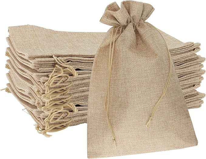 Gift Bags, 8 x 12 Inch Light Brown Linen Drawstring Bags, Pack of 30