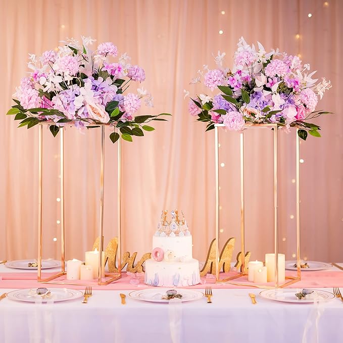 Vase Stand, 23.6-Inch Gold Nickel-Plated Metal Cube Centerpiece