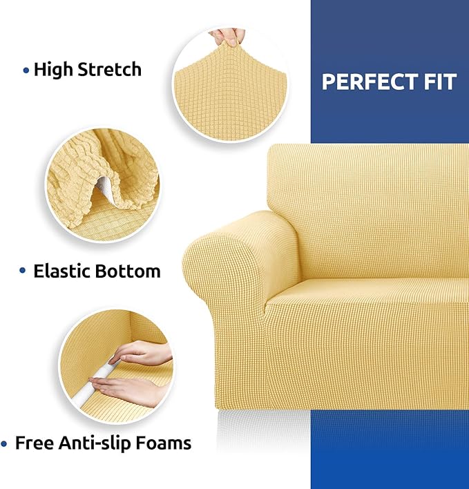 Sofa Slipcover for 3-Cushion Couch, Champagne Stretch, Anti-Slip