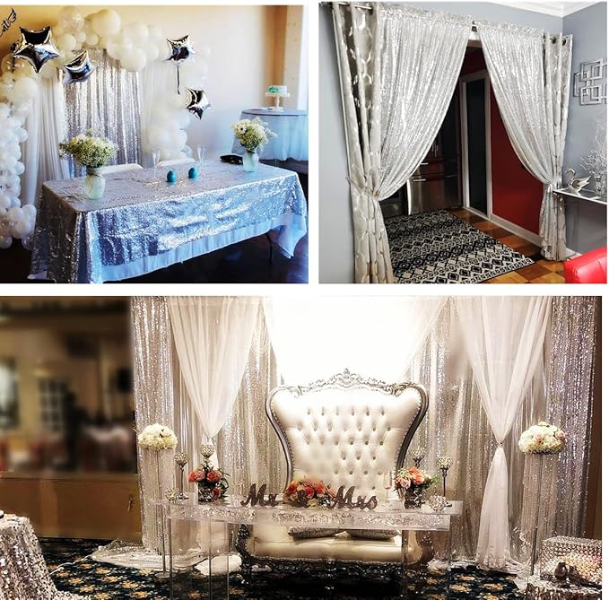 Poise3EHome Silver Sequin Backdrop Curtains,4 Panels 2FTx8FT Glitter Background for Party Birthday Party Baby Shower Wedding Christmas Thanksgiving Halloween Holiday Festival Decor