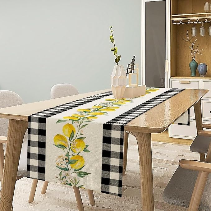 Lemon Table Runner,Black Buffalo Plaid Lemon Table Runner Farmhouse Style Spring Summer Home Kitchen Dinding Room Table Decoration 13x72 Inch