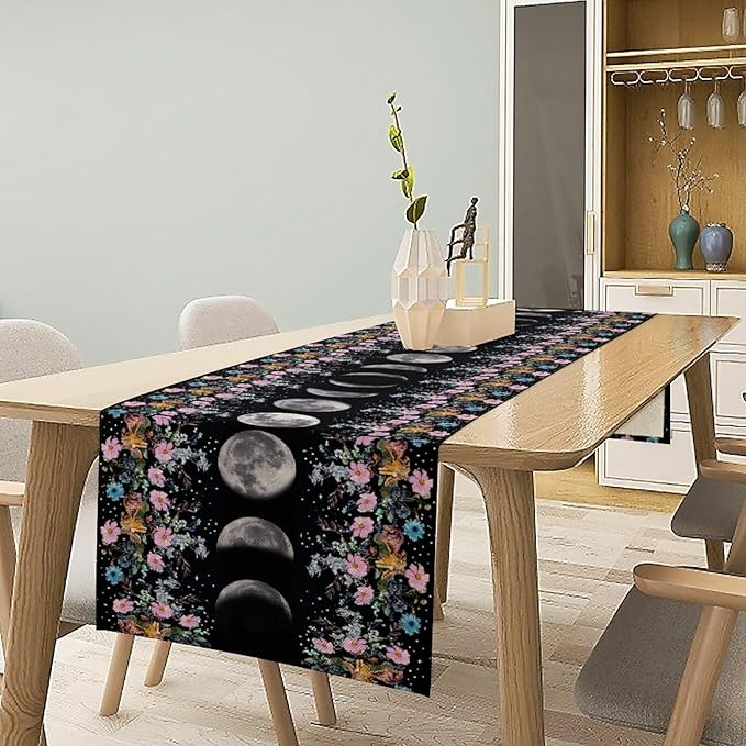 Boho Floral Moon Table Runner, Spring Flower Leaves Mystical Gothic Sun Moon Table Runner for Kitchen Dining Table Home Party,13x36 Inch Purple