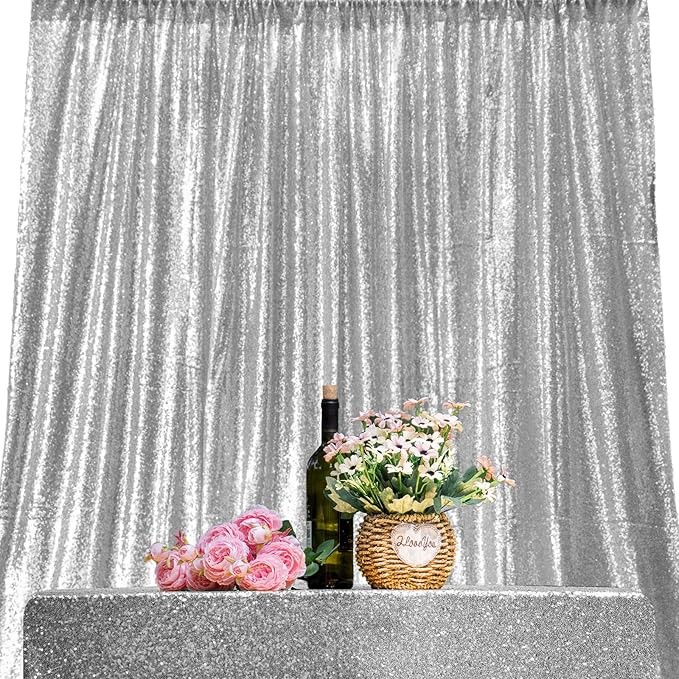 JYFLZQ Silver Sequin Backdrop Curtains 4ft x 8ft 2 Panel Glitter Photo Booth Backdrops Sparkly Photography Background Drapes for Parties Wedding Bridal Showers