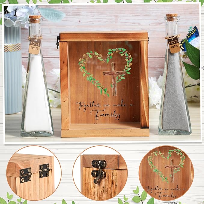Vases Wedding Sand Ceremony Set, Wood Frame, 2 Glass Vases, White and Gray Sand