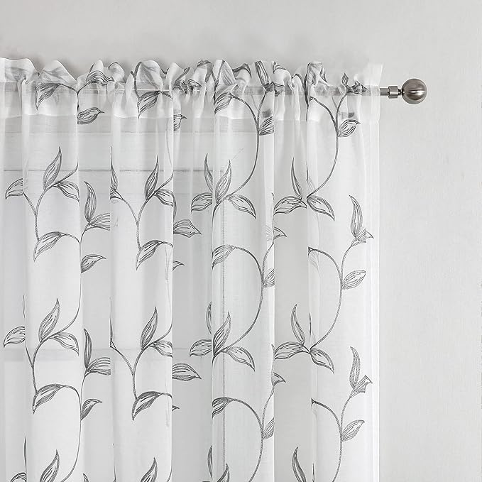 VISIONTEX Sheer Curtains 95 Inch Length 2 Panels, Decor Iron Grey Vine Leaves Embroidery on White Voile Pair, Accent Semi Window Drapes for Kitchen, Living Room and Bedroom, 54" W x 95" L