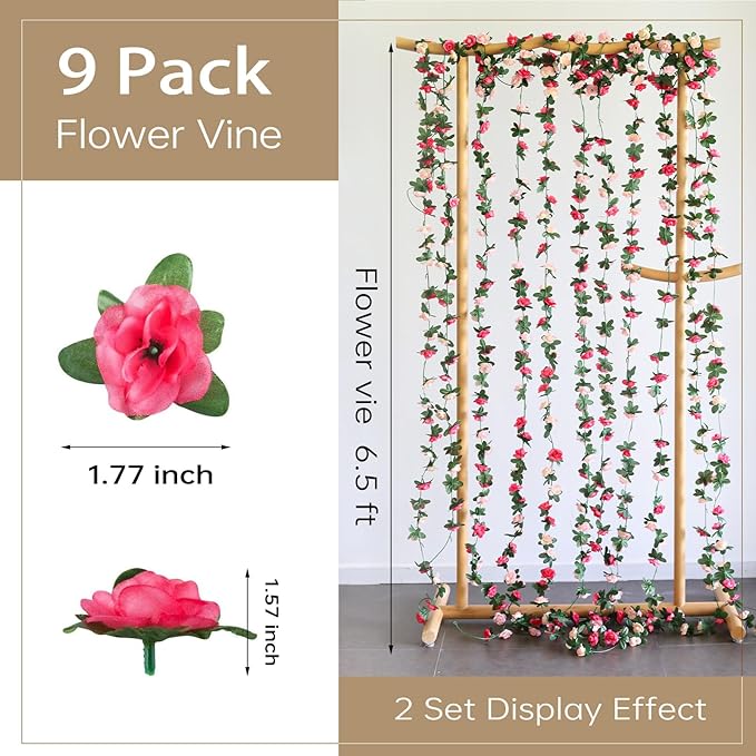 Miracliy 9Pcs 74FT Pink Flower Garland Artificial Rose Arch Vines Fake Spring Floral Garland for Flower Wall Backdrop Wedding Mothers Day Garden Tea Party Decoration