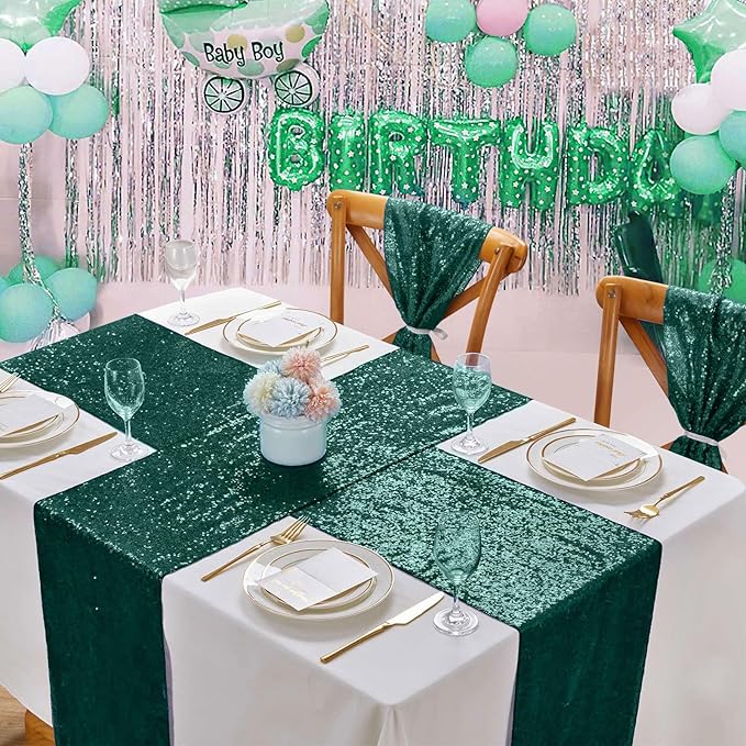 Sequin Table Runners 12 Pieces Emerald Green Table Runners 12x108 Inch Glitter Dining Table Cover for Party Wedding Birthday Reception Banquet Decoration Spring Party Chair Sashes