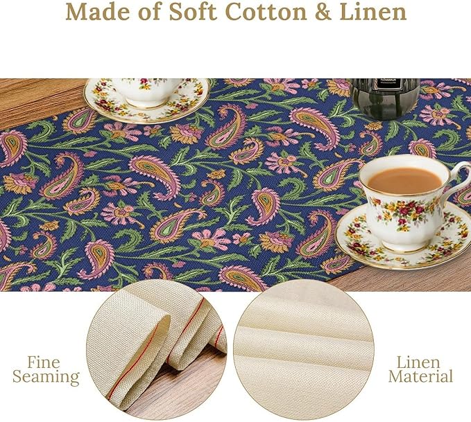 Colorful Paisley Floral Table Runner, Vintage Pink Purple Flowers Green Plants Leaves Print Table Runner for Kitchen Dining Table Indoor Outdoor Home Party, 13x36inch