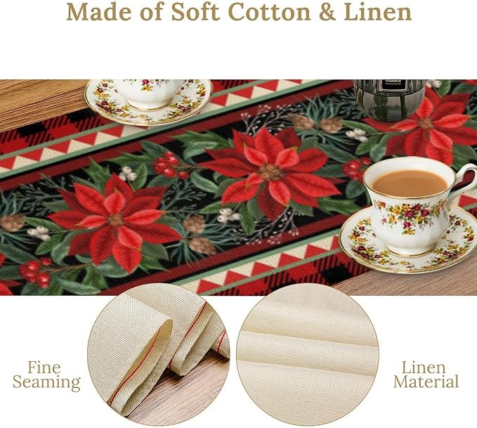 Christmas Table Runner,Seasonal Winter Xmas Holiday Plaid Table Cloth Kitchen Dining Table Decoration for Home Party Decor 13x70 Inch