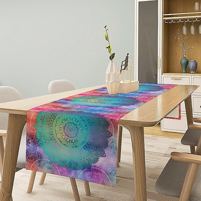 Green Mandala Table Runner, Bohemian Vintage Colorful Exotic Colorful Floral Print Table Runner for Wedding Dining Table Holiday Party Kitchen Home Decor, 13x120inch