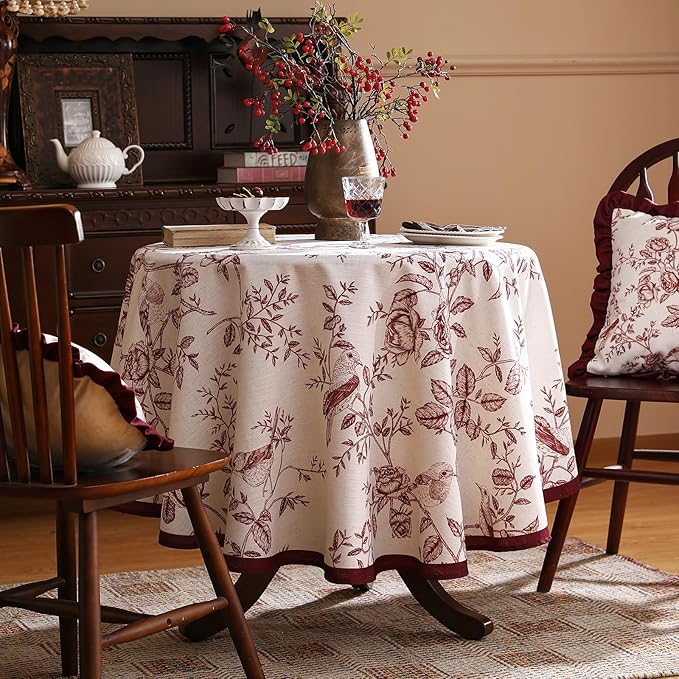ISAENNE Designer Vintage Linen Small Round Tablecloth,Red Floral Pattern Linen Stain Resistant Table Cloth,Decor Tablecloths for Dining Thanksgiving Kitchen Tea Party,Diameter 55"-Harmony