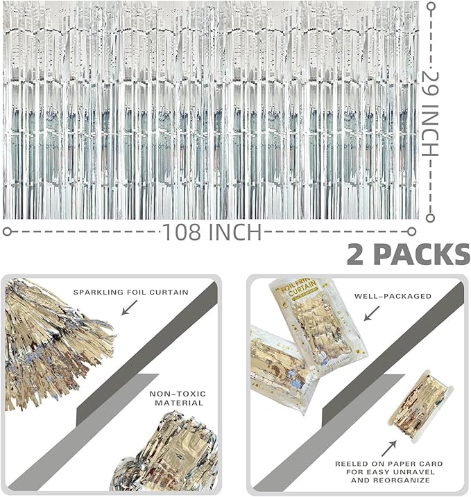 Silver Streamers Party Decorations, 2 Packs Silver Table Skirts Metallic Foil Fringe Tinsel for Birthday Disco Bachelorette Baby Shower Wedding Graduation Float Parade Party Supplies - 29x108 Inch