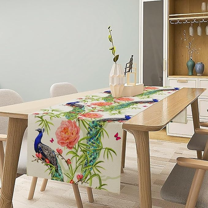 Peacock Table Runner,Seasonal Flower Plants Peacock Birds Table Runner for Home Kitchen Dining Party Indoor Outdoor Decoration 13x90 Inch