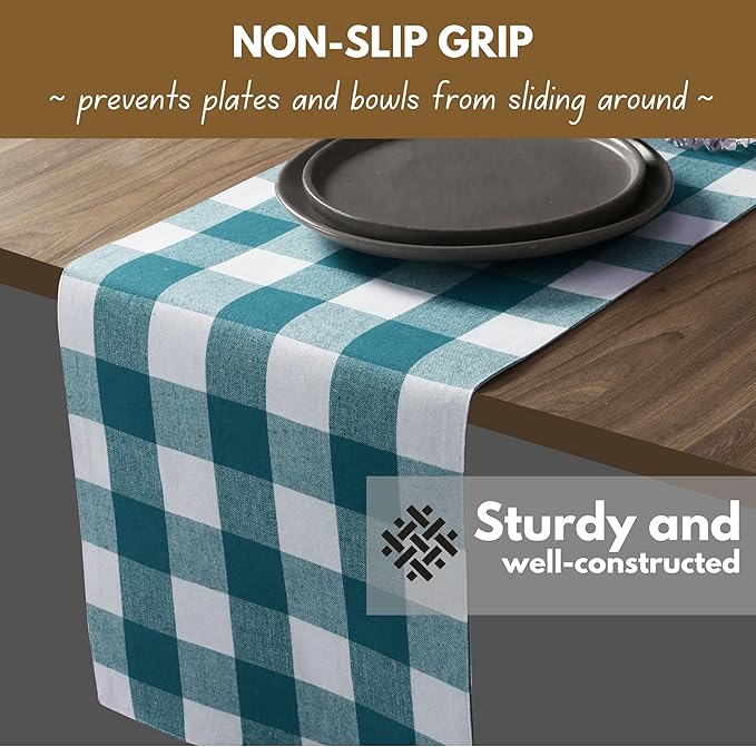 Native Fab Table Runner Buffalo Check Plaid 100% Cotton - 13x90 Inches Kitchen Dining Table Decoration for Indoor Outdoor Farmhouse Home Party Decor - Teal Green and White
