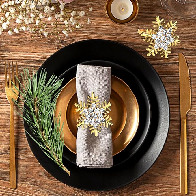 Halatool Christmas Napkin Rings Set of 6, Gold Snowflake with White Rhinestone Napkin Holder for Christmas Thanksgiving Winter Holiday Place Setting, Weddings, Party Table Decoration