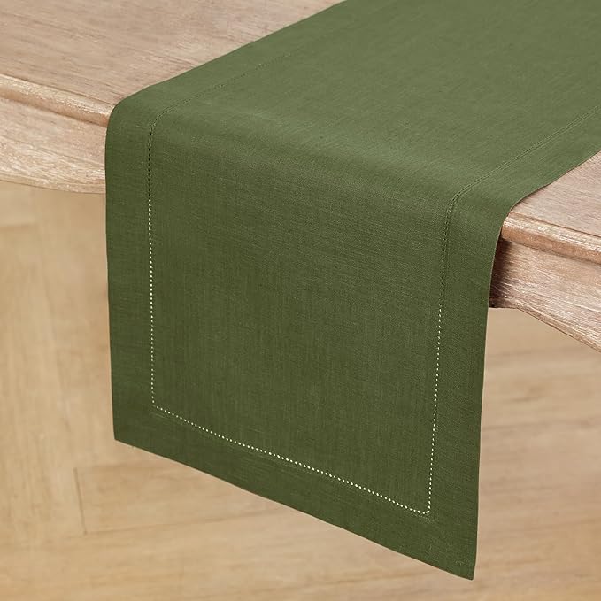 Solino Home Linen Olive Table Runner 90 Inches Long - 100% Pure Linen 14 x 90 Inch Table Runner for Fall, Autumn, Thanksgiving - Classic Hemstitch