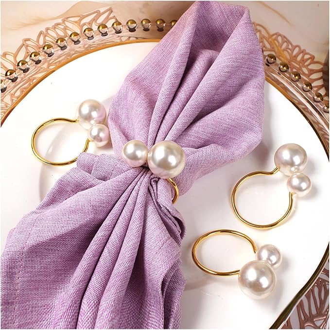 Napkin Rings, 50 Pack, Gold Metal with Pearl Accents