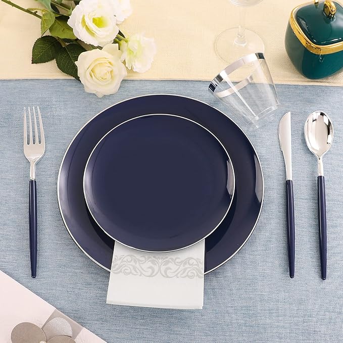 Plastic Plates, Blue and Silver Disposable Set for 25 Guests