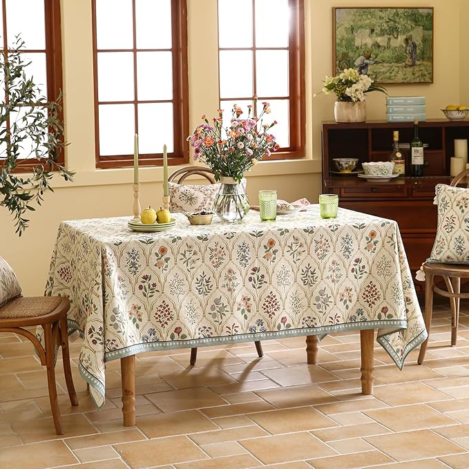 Square Linen Blend Tablecloth, 67 x 67 Inch, Serenity Floral Print