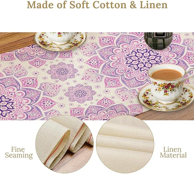 Purple Pink Mandala Table Runner, Traditional Indian Boho Mandala Flowers Print Table Runne for Kitchen Dining Table Office Wedding Party Holiday Home Decor, 13x70inch