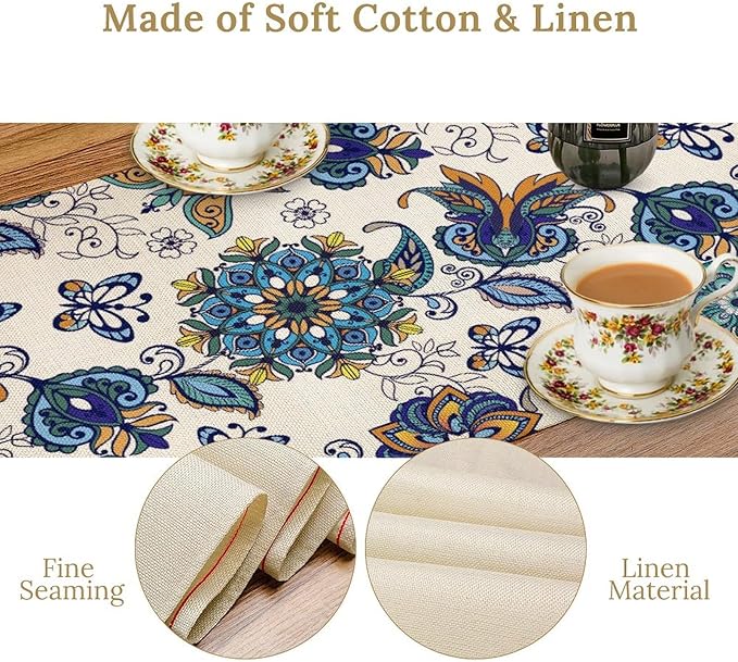 Oriental Paisley Table Runner, Luxury Vintage Blue Teal Floral Butterflies Print Table Runner for Home Dining Kitchen Coffee Table Party Decor, 13x108inch
